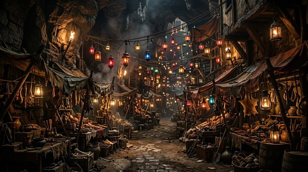 西方魔幻地精地下市场彩灯杂乱通道全景图