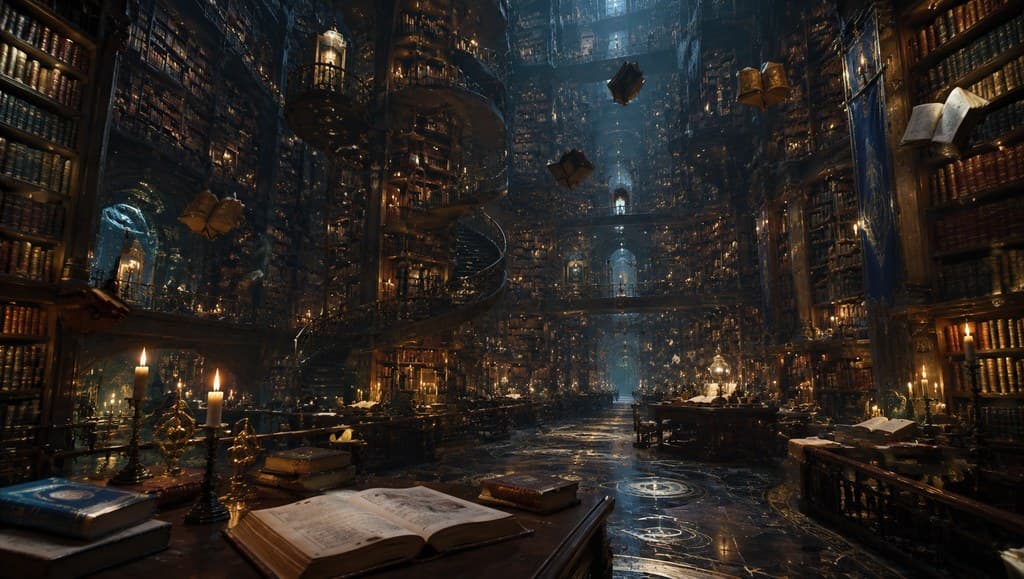 西方魔幻魔法学院图书馆无穷书架旋转楼梯全景图