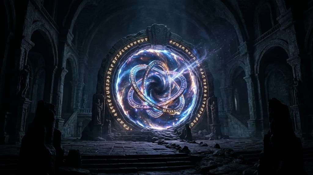 西方魔幻星界传送门旋转星环能量柱全景图