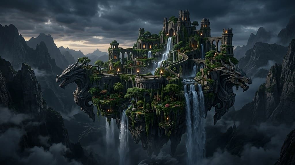 西方魔幻龙族飞行石台悬空岛屿瀑布全景图