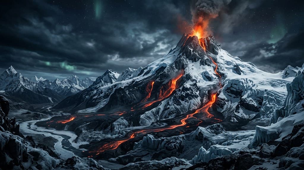 西方魔幻冰雪火山冰火共存熔岩雪顶全景图