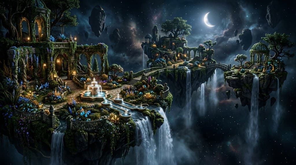 西方魔幻浮空花园百花藤蔓喷泉瀑布全景图