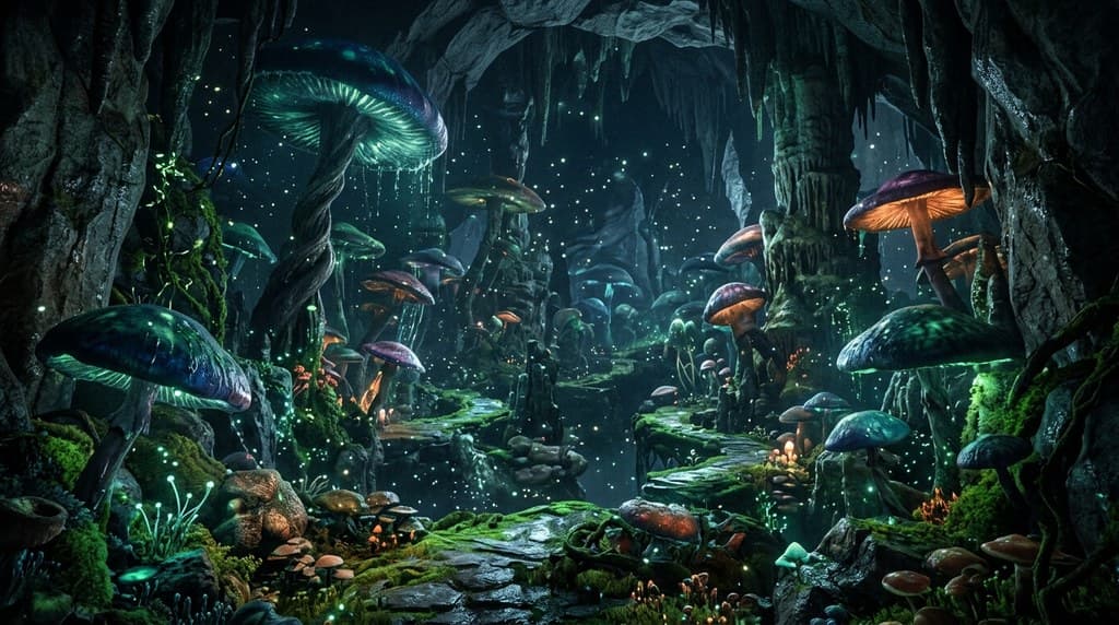 西方魔幻幽暗地域蘑菇森林发光孢子全景图