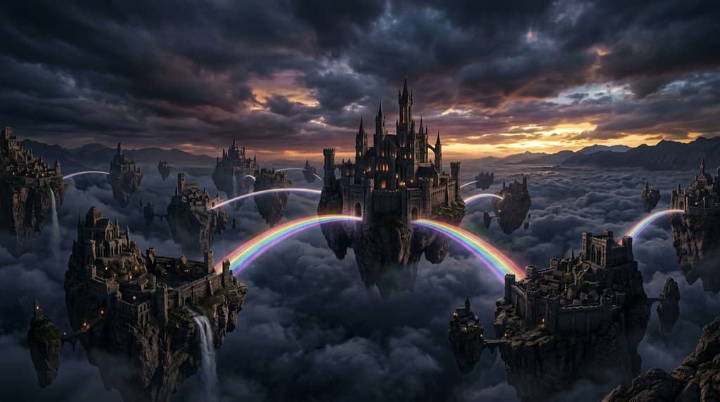 西方魔幻天空之城浮岛云雾虹桥全景图