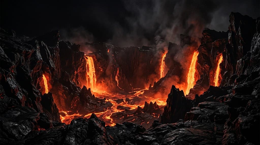 西方魔幻深渊火山口熔岩瀑布黑曜石全景图