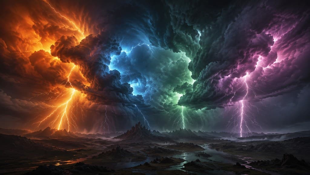 西方魔幻元素风暴四色混沌云团闪电全景图
