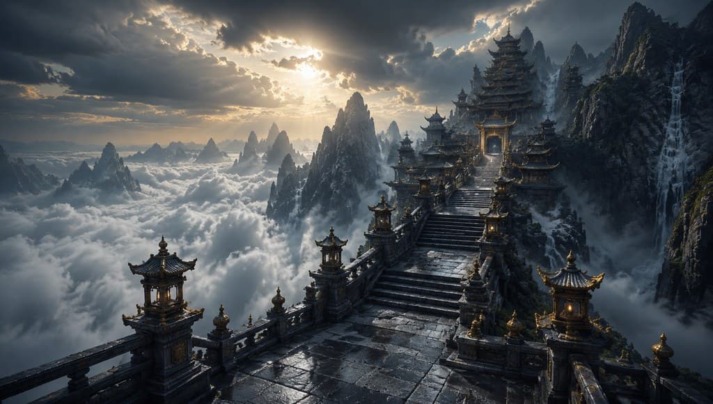 西方魔幻圣山云顶神殿阶梯云海全景图