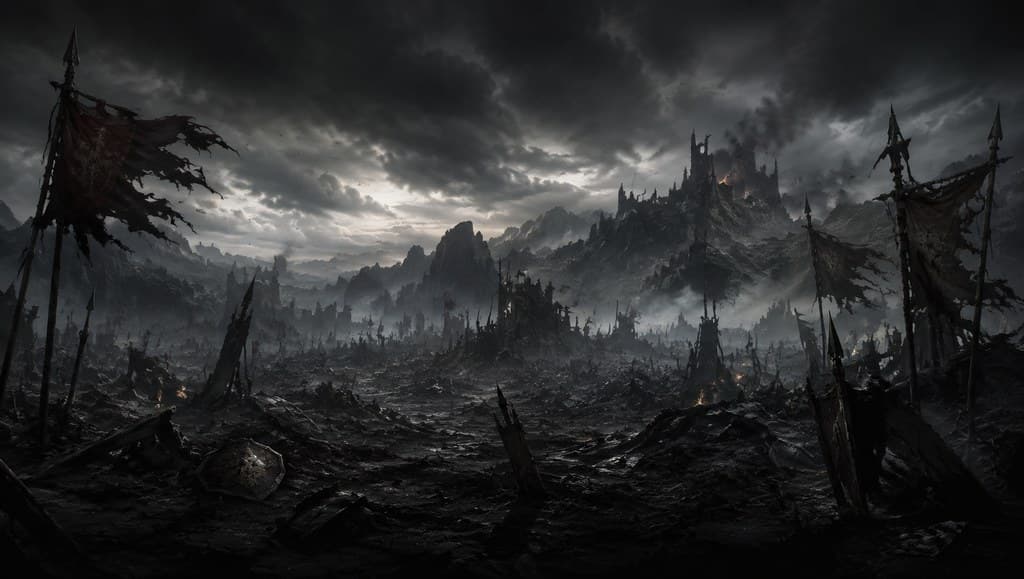 西方魔幻永恒战场残骸旗帜黑雾全景图