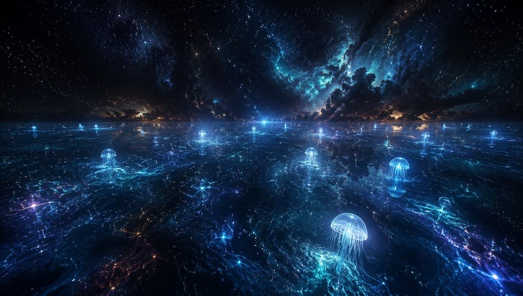 西方魔幻星云海星空倒影发光水母全景图