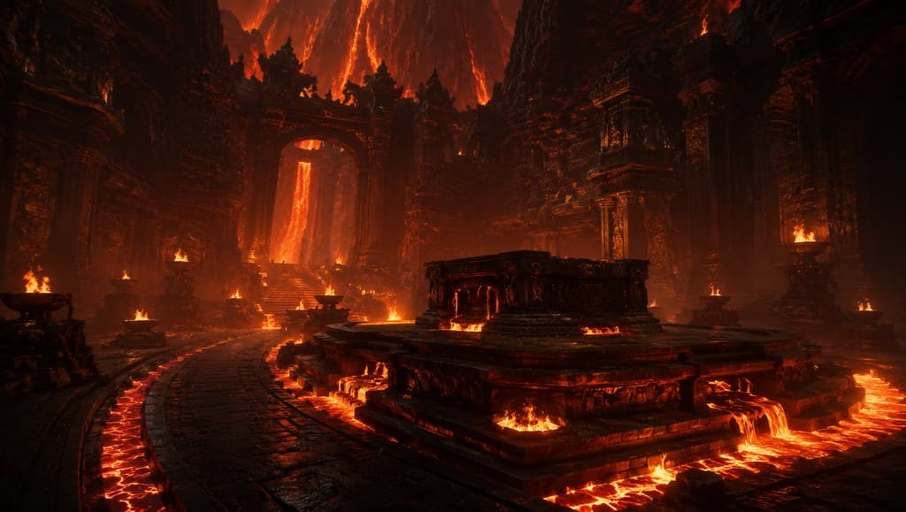 西方魔幻熔岩神殿黑曜石祭坛火河全景图