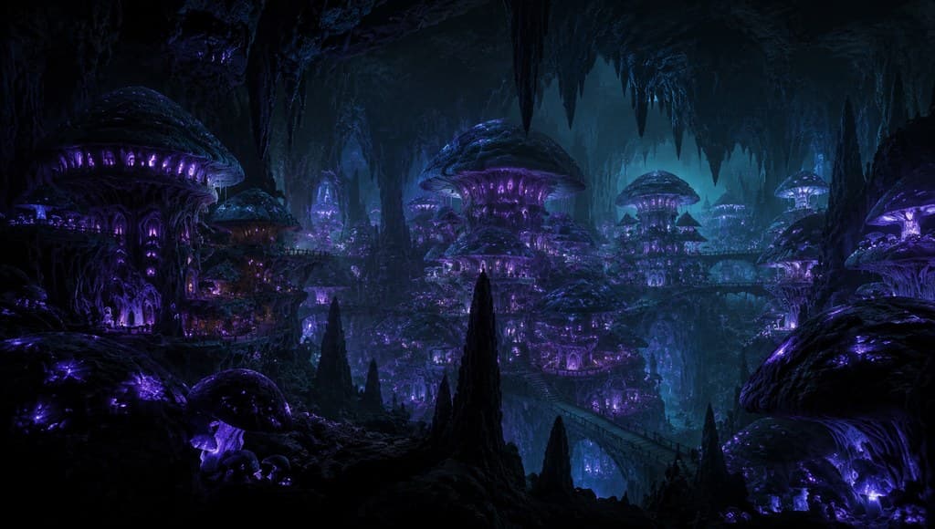 西方魔幻幽暗地域蘑菇城发光真菌建筑全景图