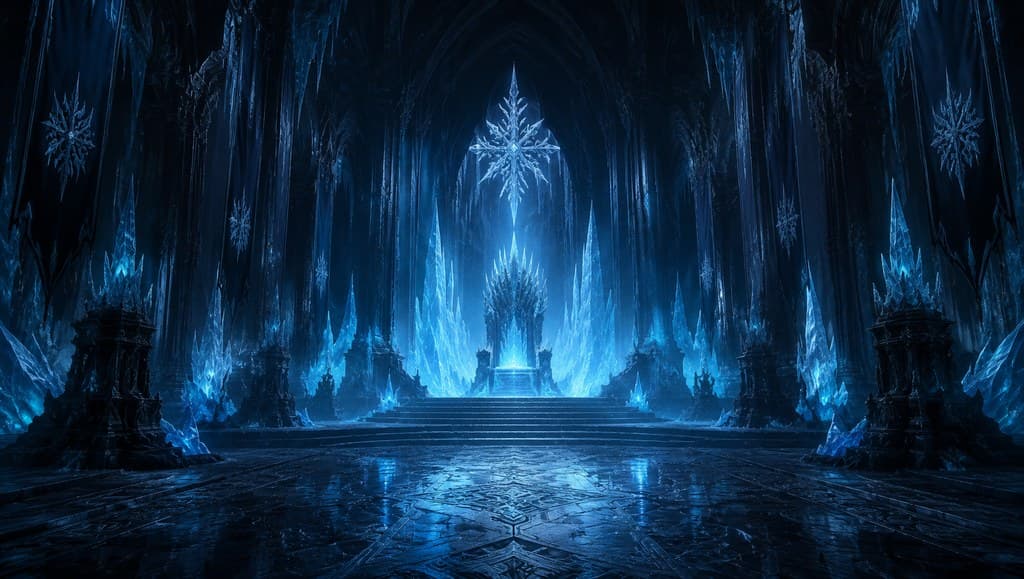 西方魔幻冰霜宫殿王座厅冰晶王座蓝光全景图