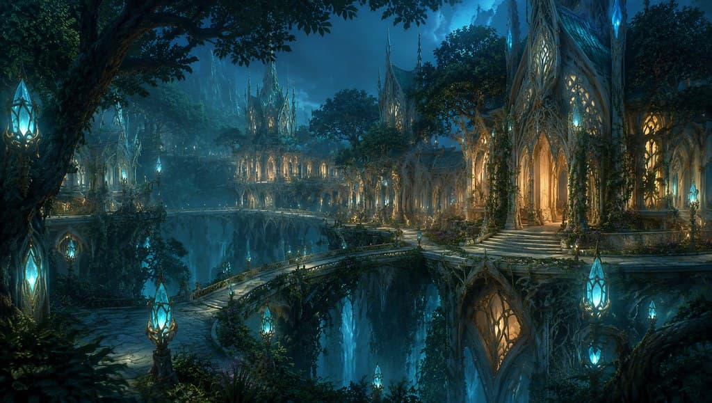 西方魔幻精灵树冠宫殿藤蔓桥水晶灯全景图