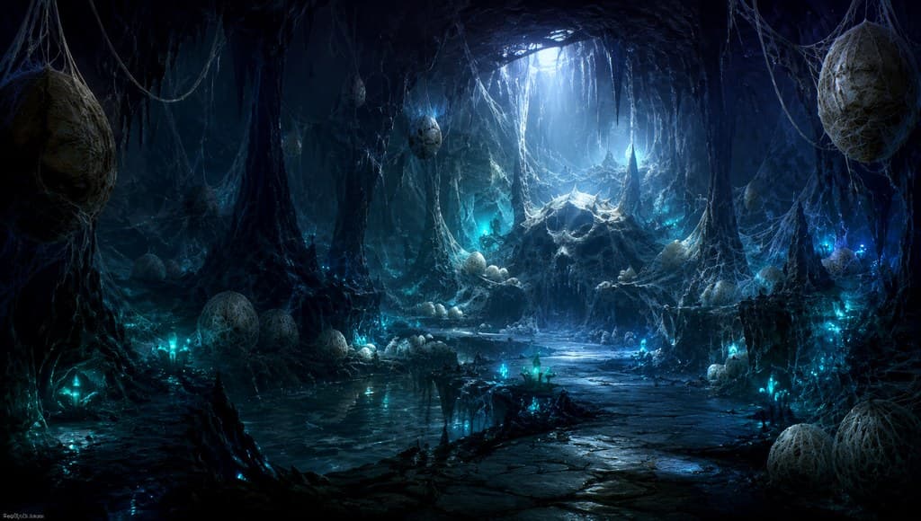 西方魔幻幽暗地域蜘蛛巢穴蛛网卵囊全景图