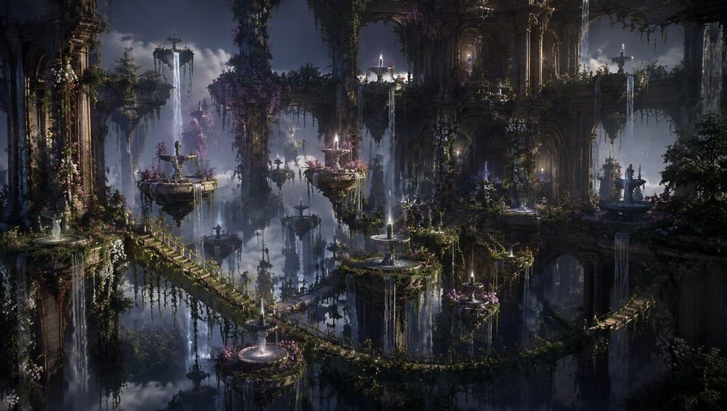 西方魔幻空中花园悬空喷泉百花藤桥全景图
