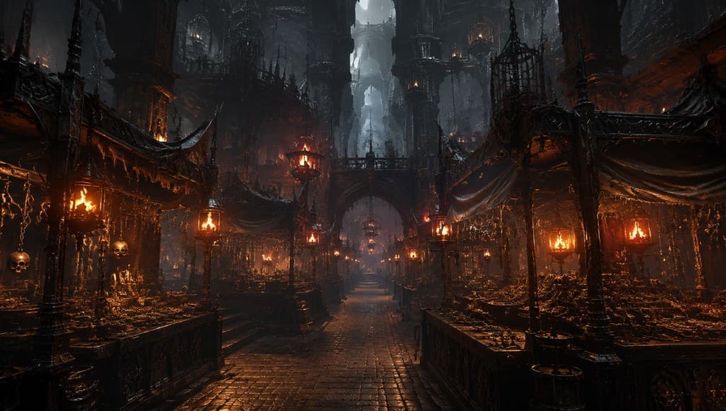 西方魔幻深渊市场黑铁摊位火焰灯全景图