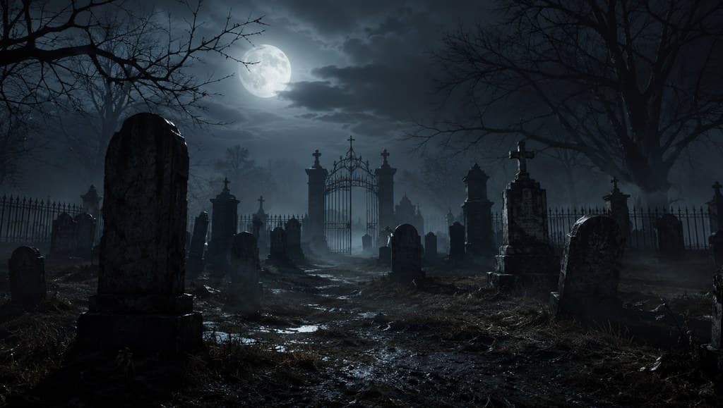 西方魔幻墓园月夜墓碑枯树铁栏全景图