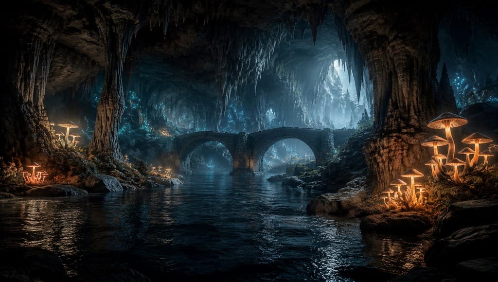 西方魔幻地下河道暗水石拱桥钟乳石全景图