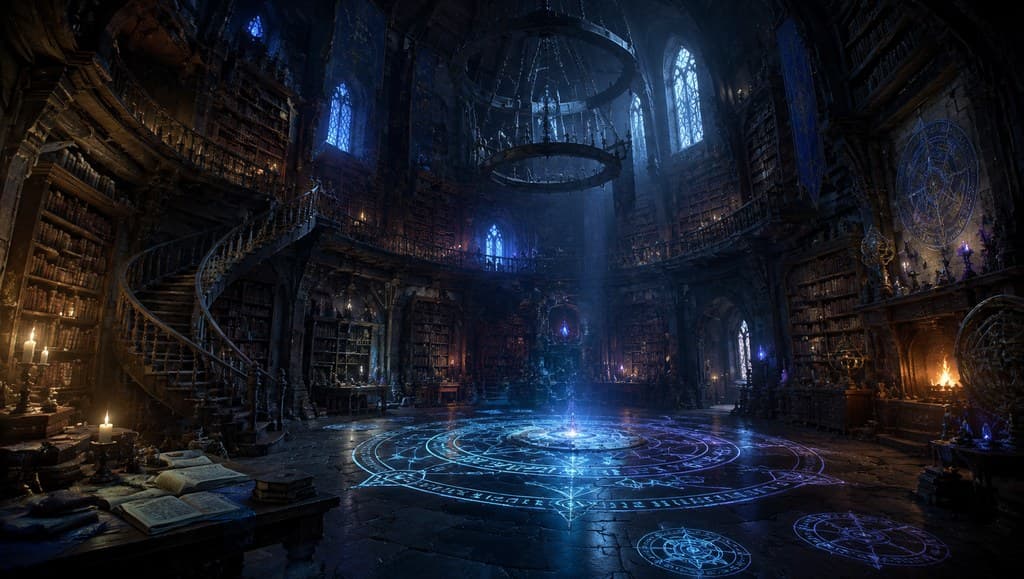 西方魔幻巫师塔内厅螺旋楼梯书架法阵全景图