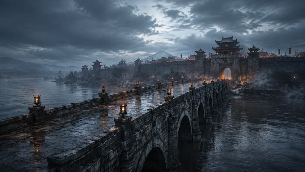 西方魔幻桥梁石桥河流城门远景全景图