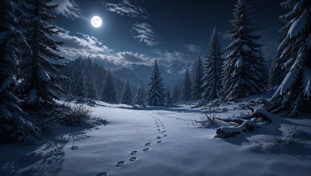 西方魔幻冬季森林雪地松树月光全景图