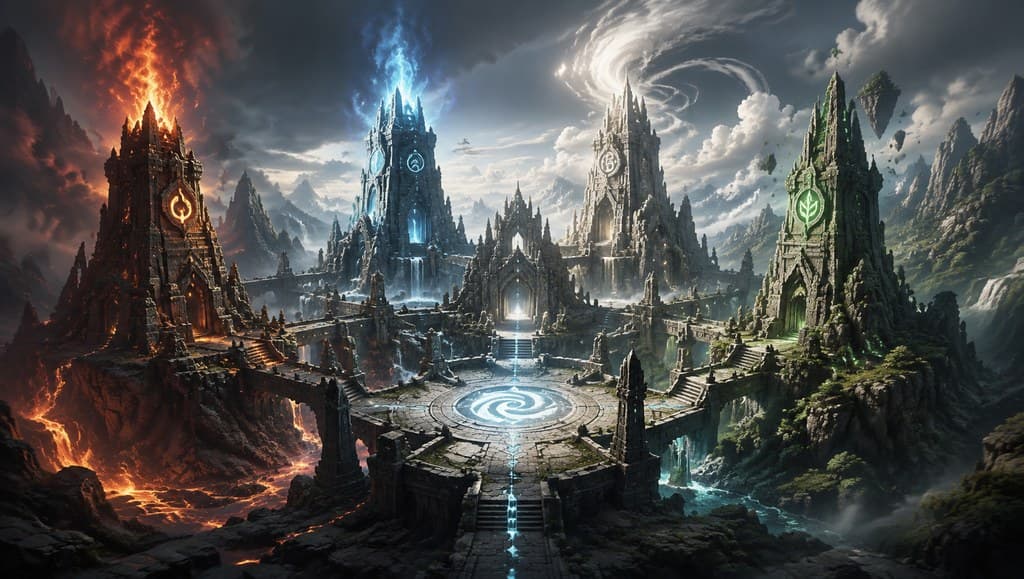 西方魔幻元素神殿火水风土四塔交汇全景图
