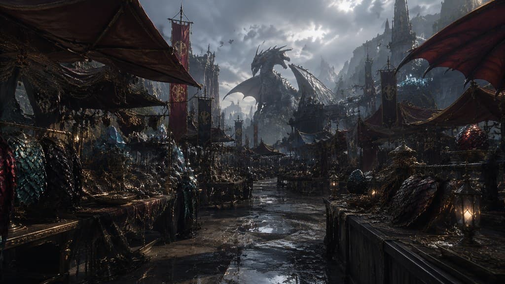 西方魔幻龙族市场鳞片商贩龙族交易品全景图