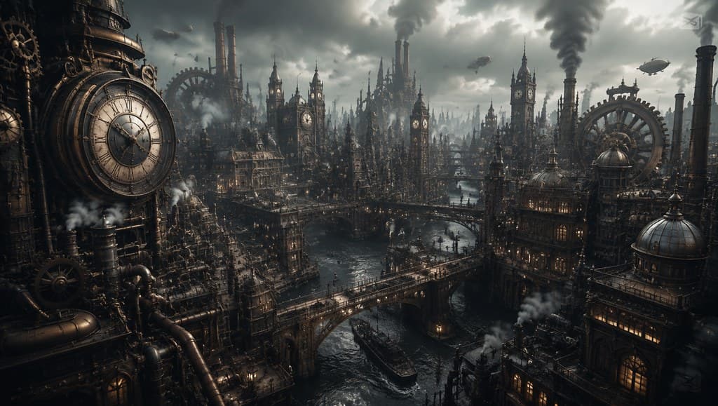 西方魔幻机械城市齿轮建筑蒸汽管道全景图