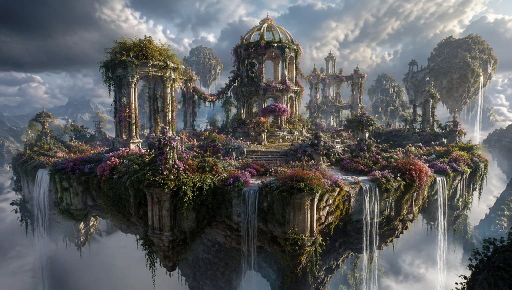 西方魔幻浮岛花园鲜花瀑布悬空岛全景图