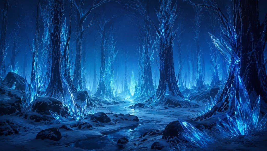 西方魔幻冰晶森林冰树蓝光冰雪地全景图
