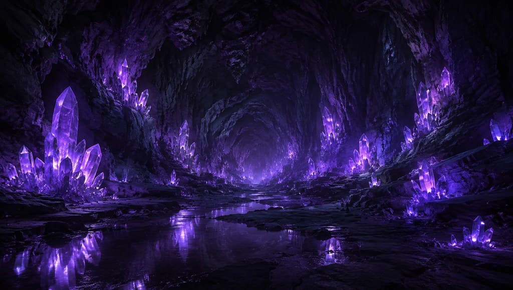 西方魔幻水晶洞穴晶簇发光紫色洞穴壁全景图