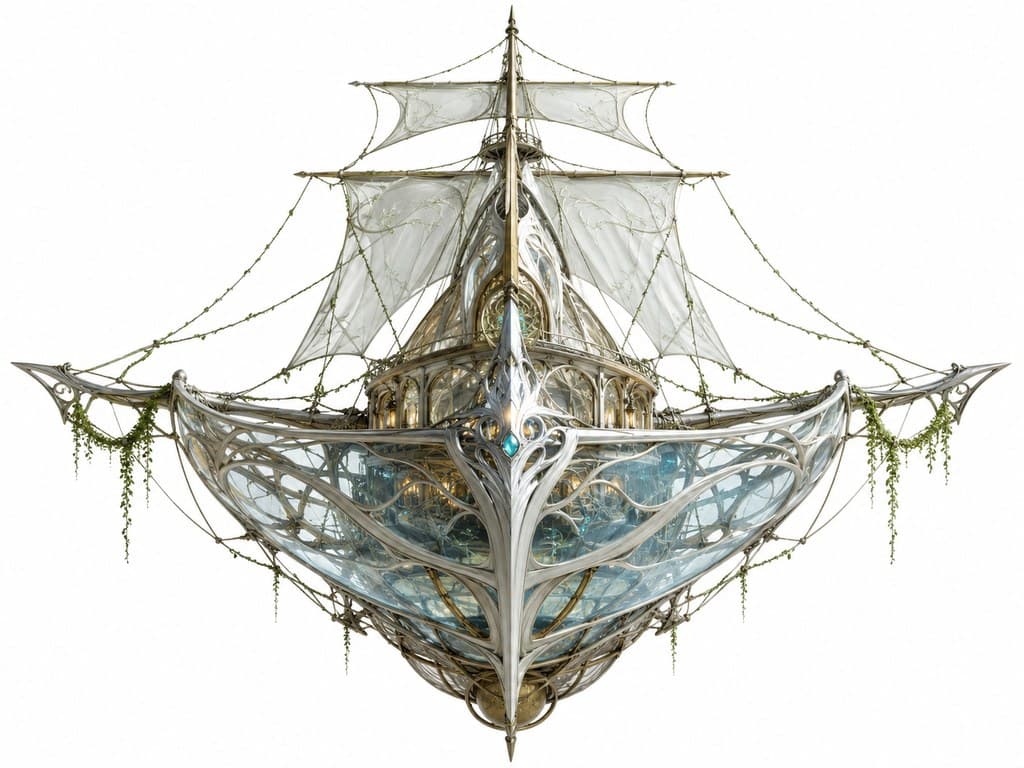 西方魔幻精灵飞舟透明船身银帆藤索主视图