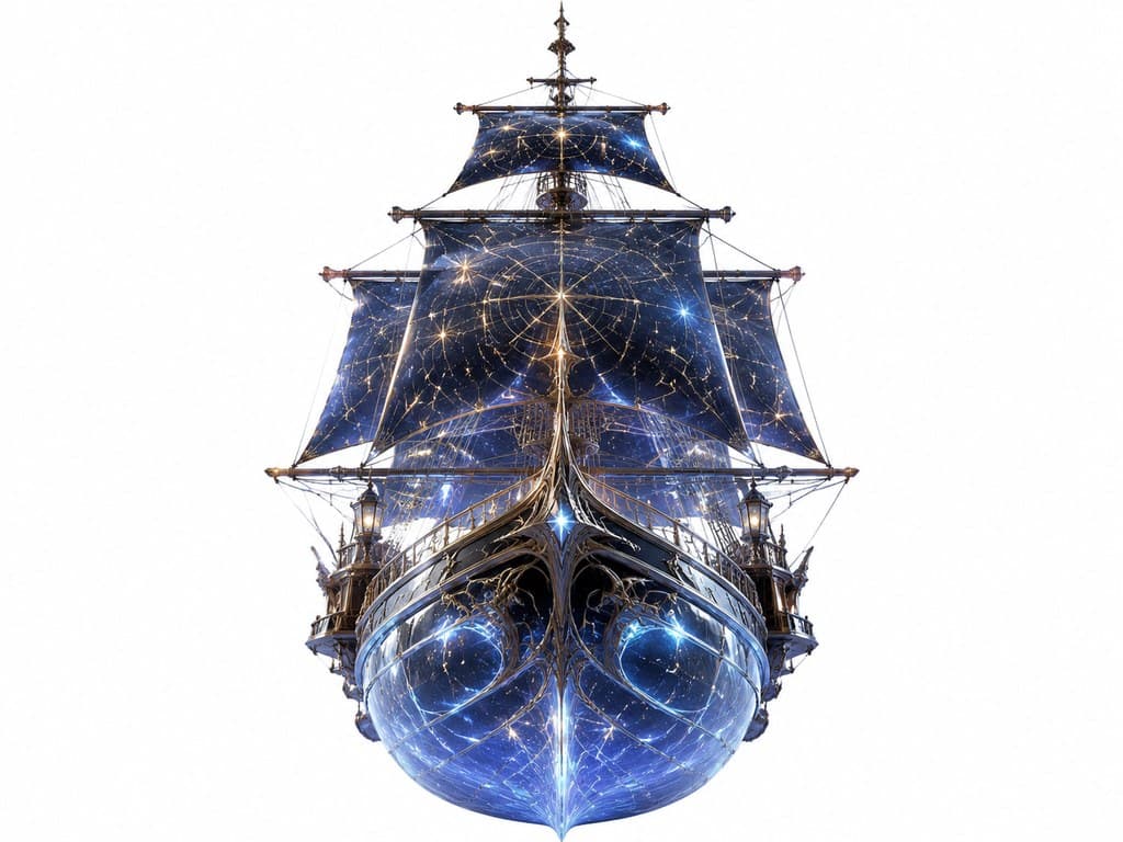 西方魔幻星界船帆船星光帆透明船身主视图