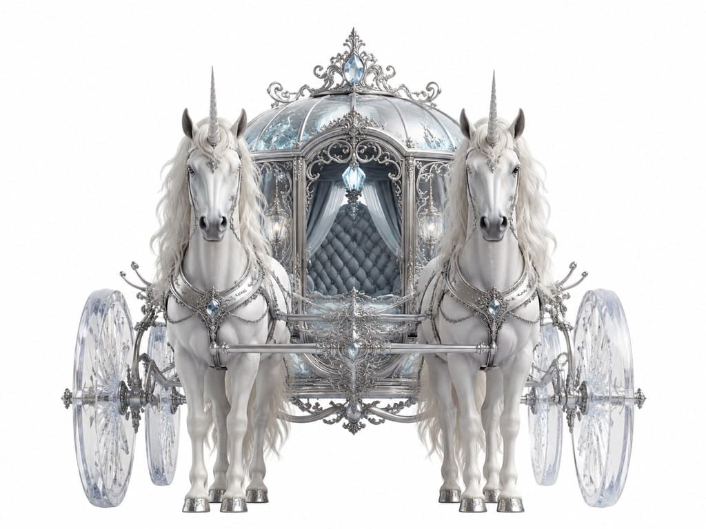 西方魔幻独角兽车银车独角兽雕刻半透明轮主视图