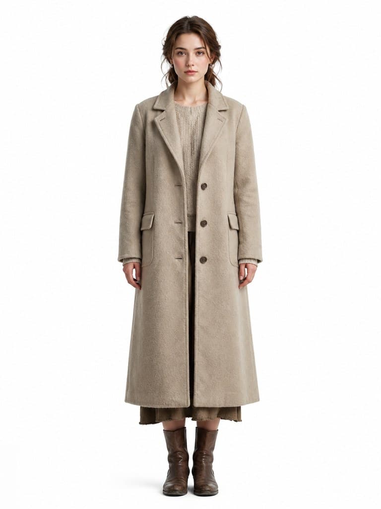 fallen heiress fair skin oval face long wavy chestnut hair modest coat full body portrait