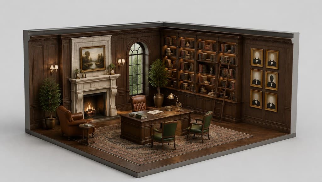 family ancestral study fireplace oil portraits three quarter perspective exterior view