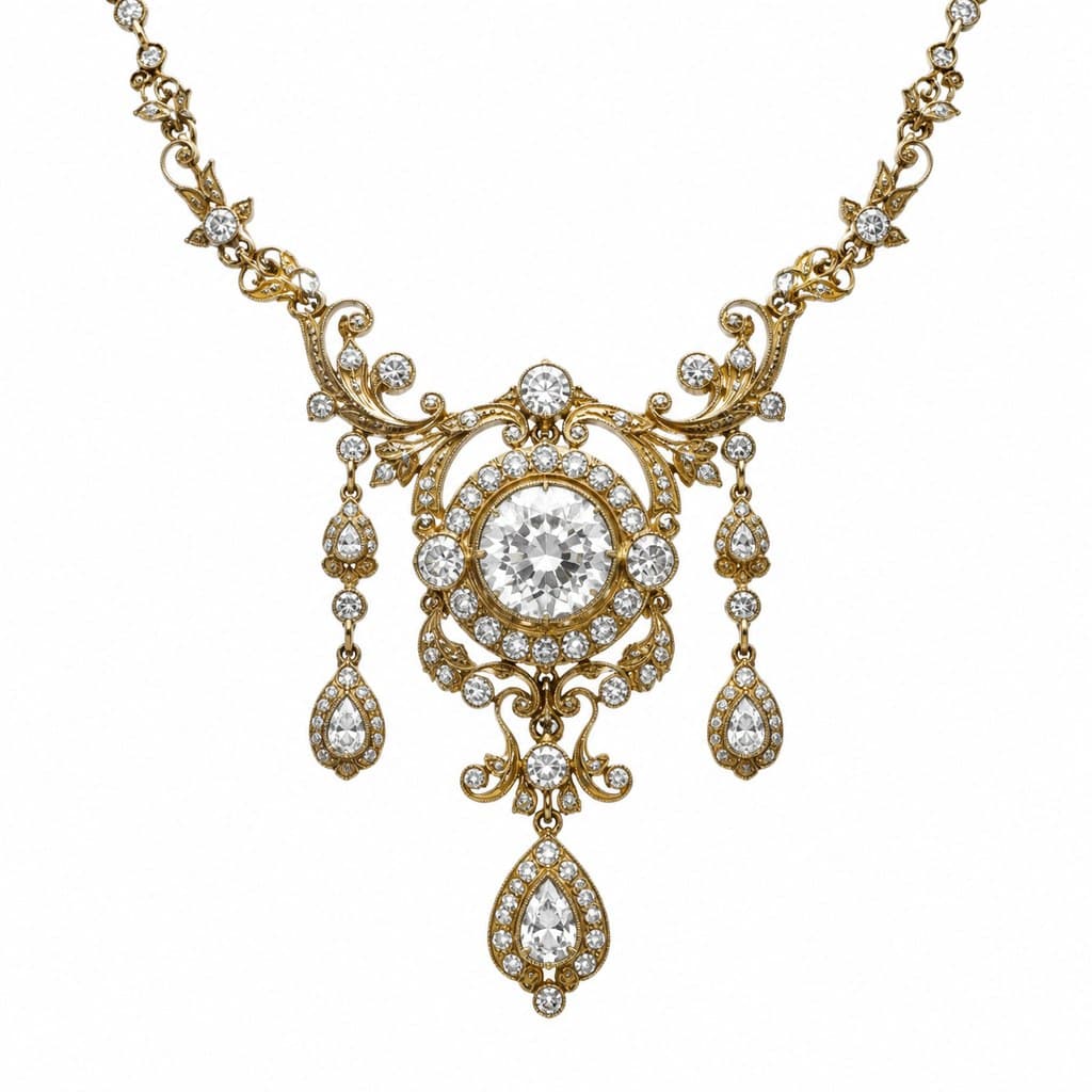 heirloom diamond necklace antique gold setting front view product shot