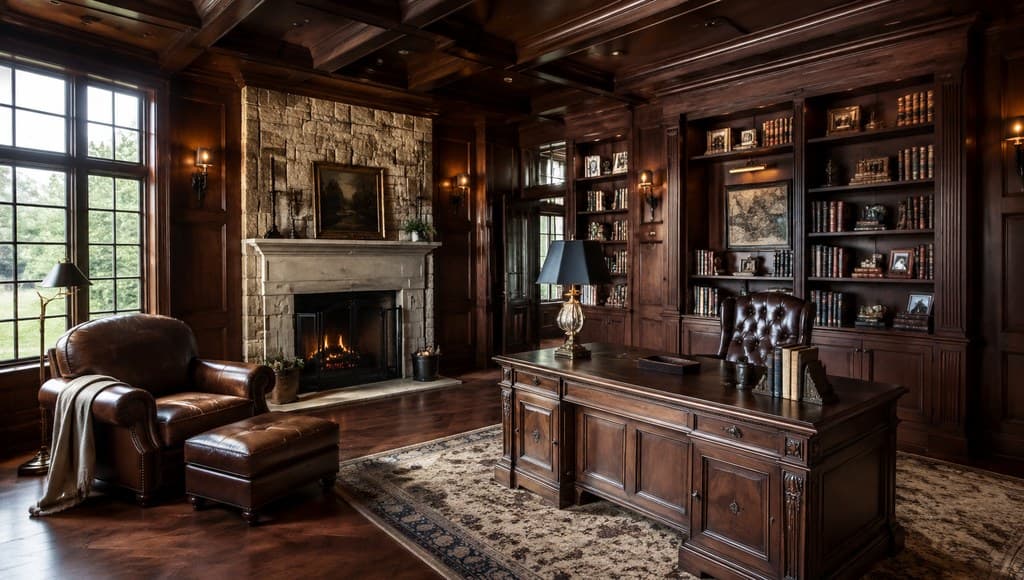 grand family study with dark wood paneled walls