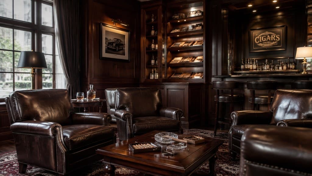 dim wood-paneled cigar lounge with leather armchairs and a well-stocked bar cabinet