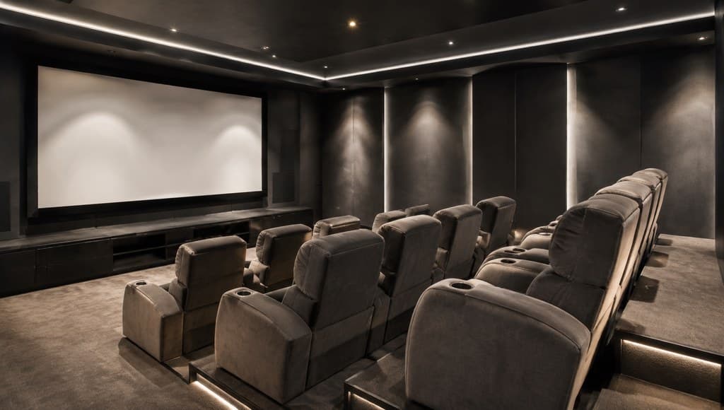 private home theater with tiered velvet reclining seats and a large screen