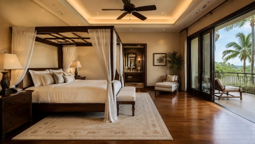 luxurious master bedroom suite with a large canopy bed