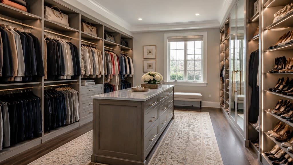walk-in closet dressing room with rows of designer clothing