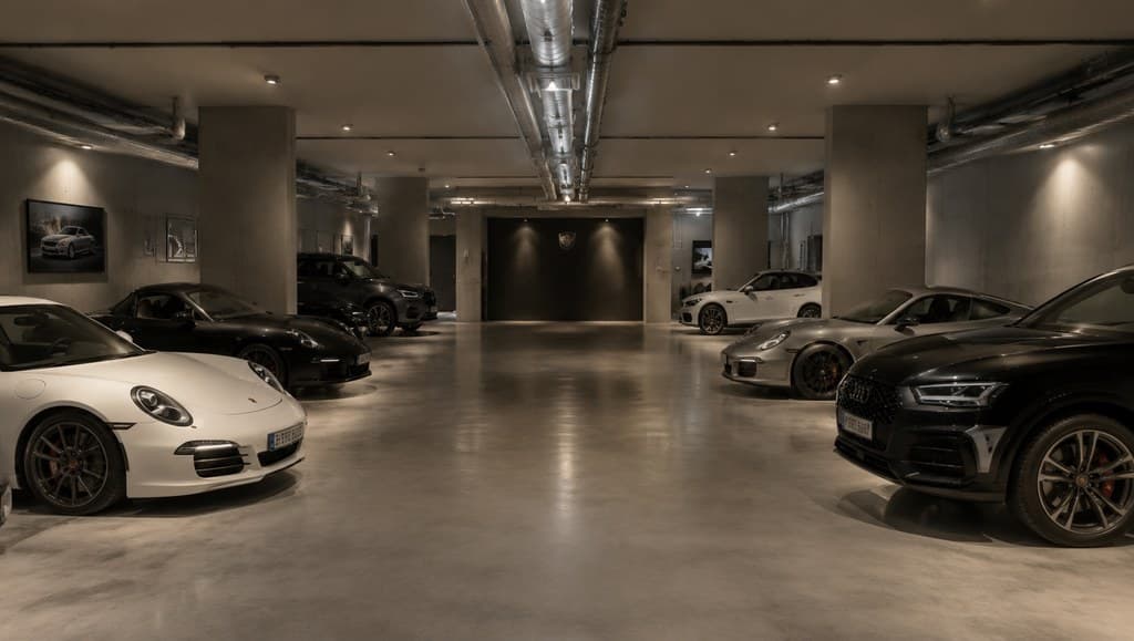 underground private garage housing several luxury vehicles under soft accent lighting