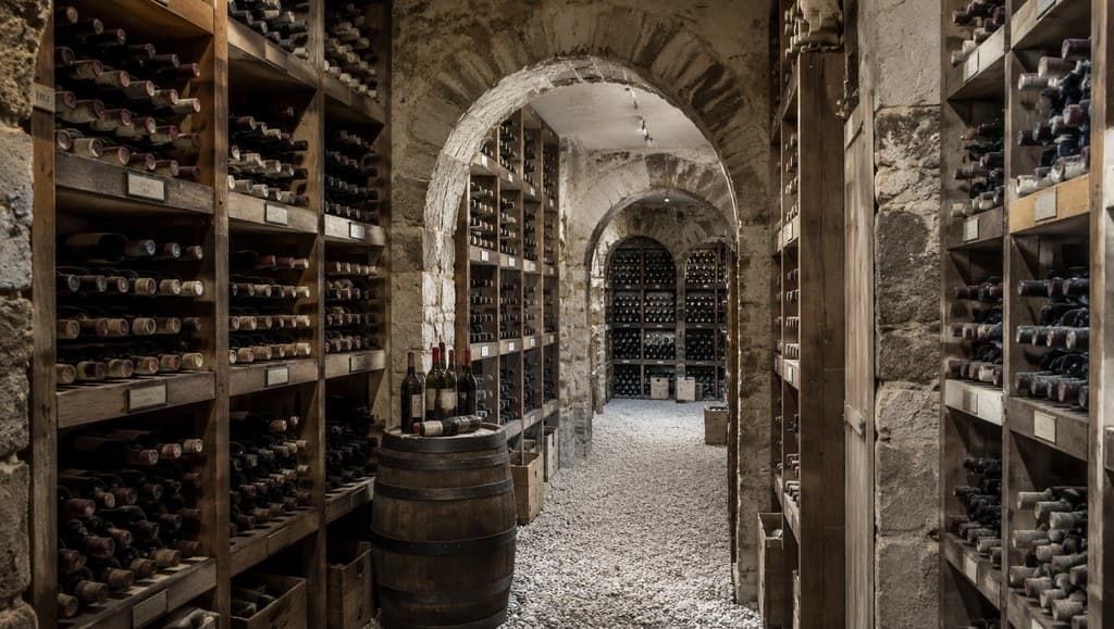 wine cellar with rows of aged bottles in wooden racks and stone archways