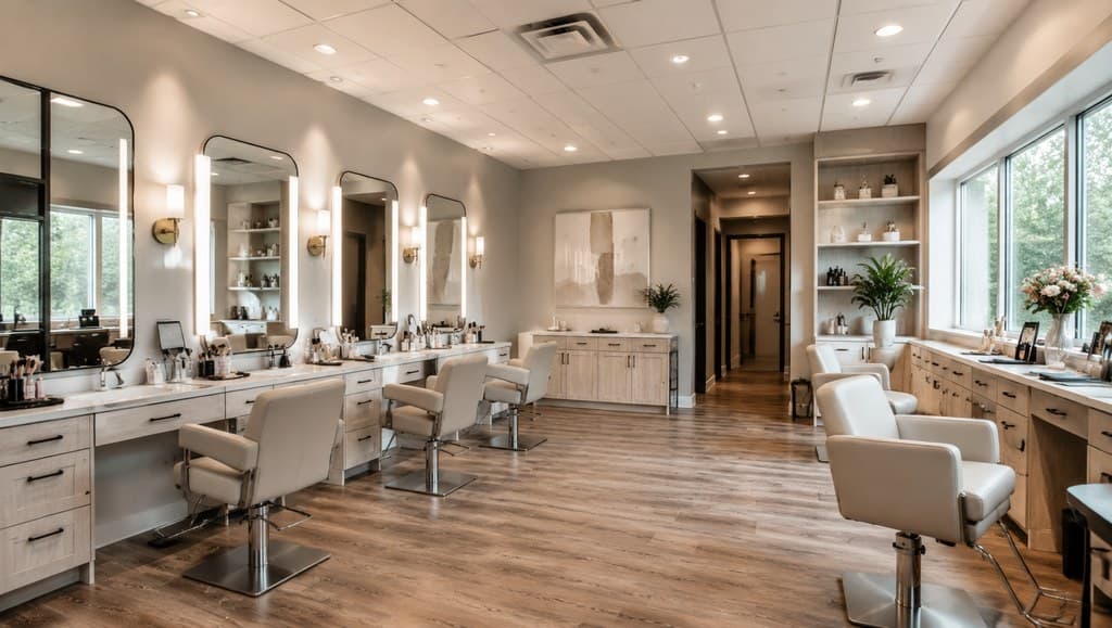 in-house hair and makeup salon room with vanity stations and mirrors