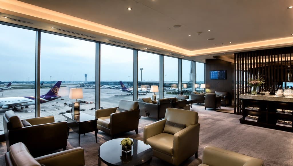airport VIP private lounge with plush seating and floor-to-ceiling tarmac-view windows