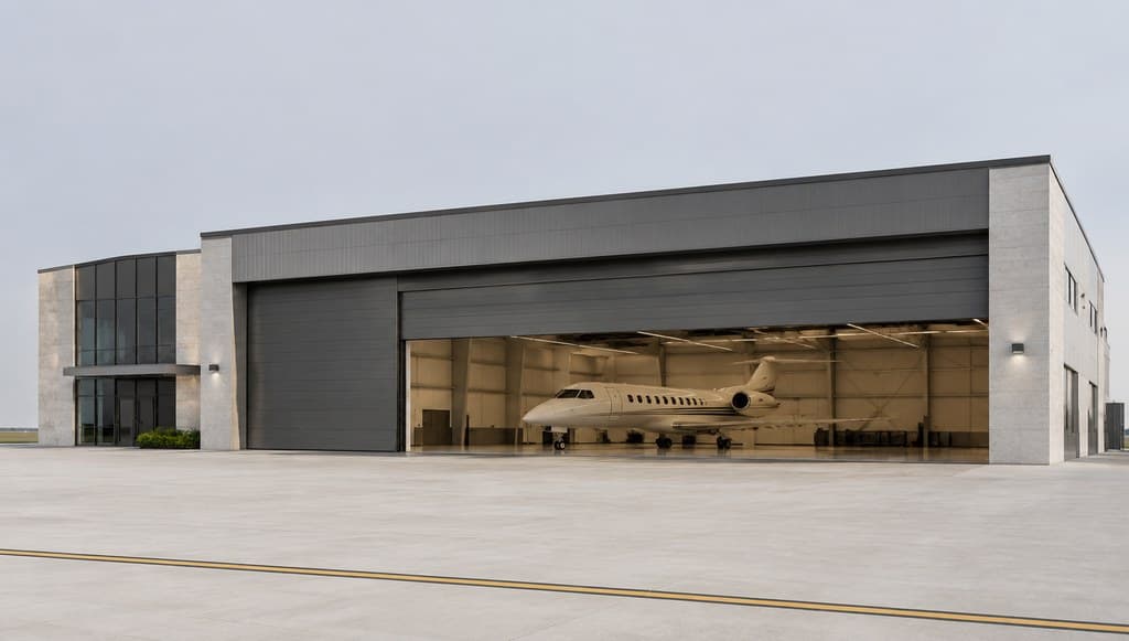 private jet hangar exterior with a large sliding hangar door on an airstrip