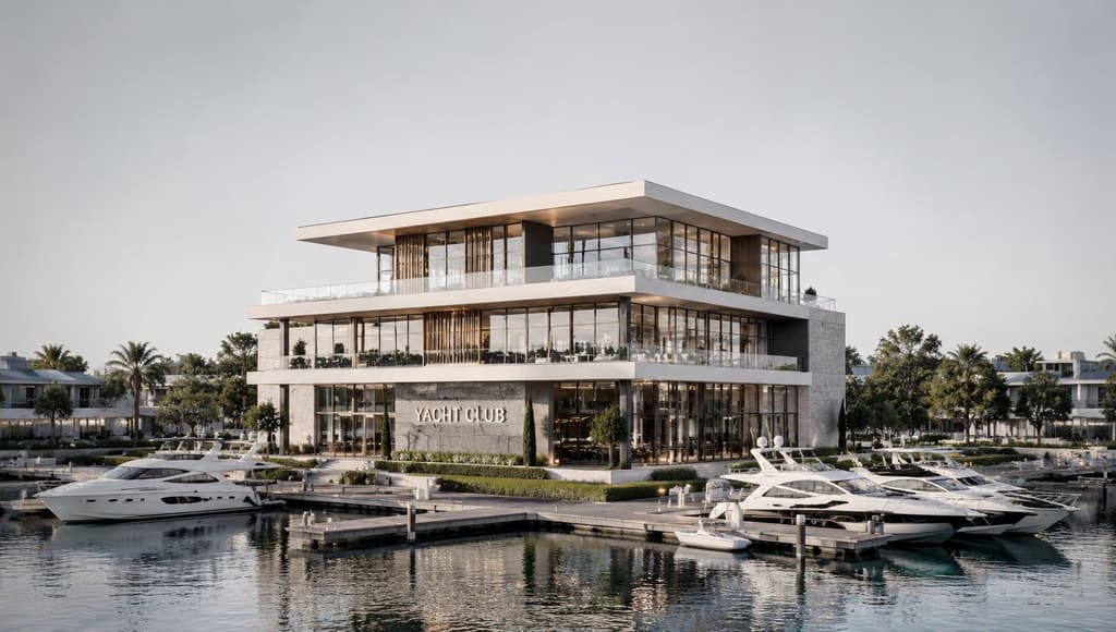 yacht club building exterior beside a marina full of docked yachts