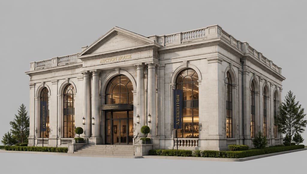 auction house building exterior with a grand classical stone facade and tall arched windows