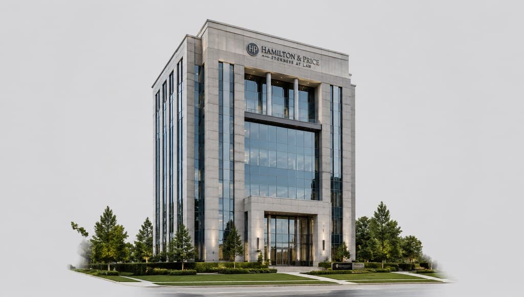 law firm office tower exterior with a polished granite and glass facade